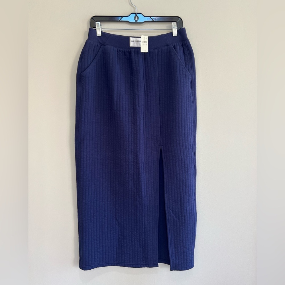 OFFLINE by Aerie NWT Coffee Run Cotton Quilted Knit Maxi Skirt, Navy Blue, M